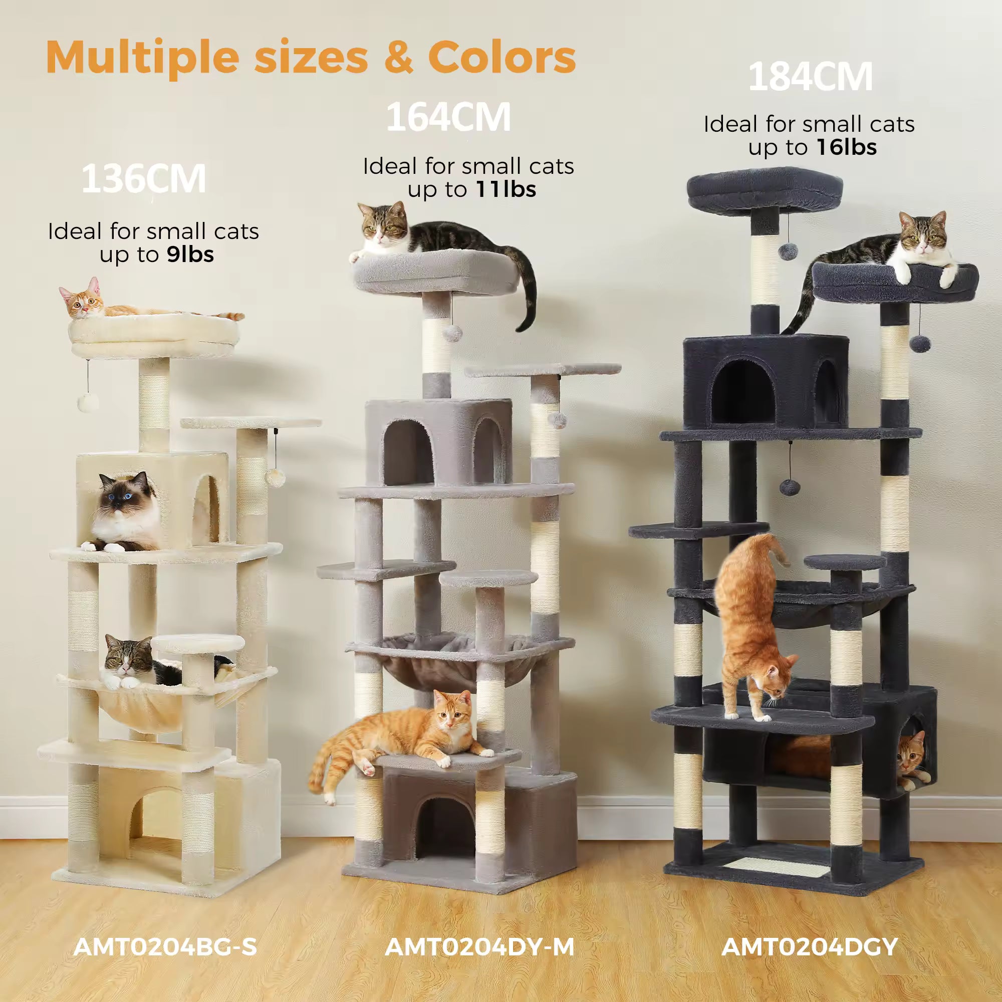 Large Multiple Levels Cat Tree for Indoor Cats with Sisal-Covered Scratching Posts, Plush Hammock, Soft Padded Perches, Condo Houses for Kittens & Adult Cats