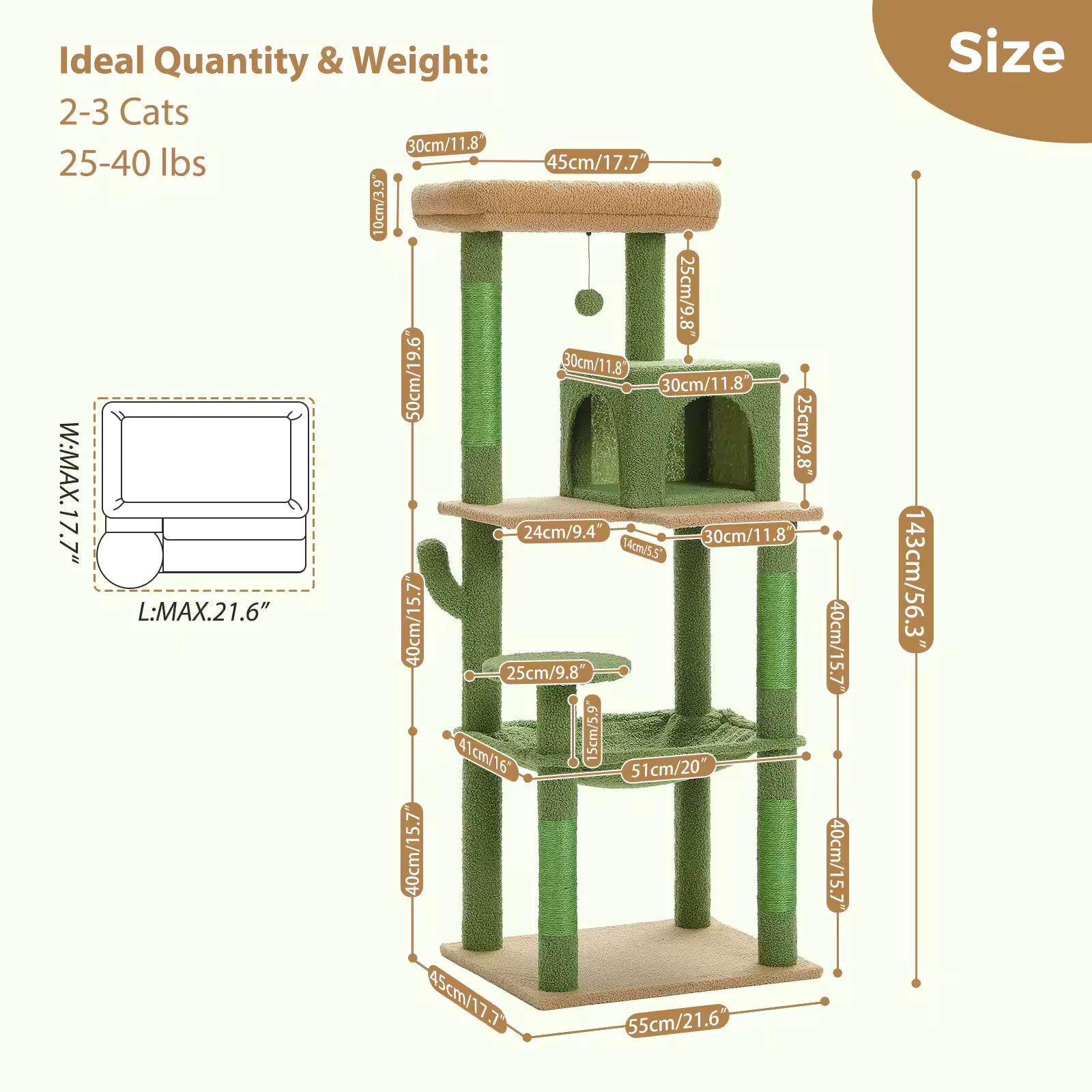 Tall Cactus Cat Tree for Indoor Large Cats, Cat Tower with Plush Hammock, 2-Door Condo, Top Perch & Multi-Level Play Areas