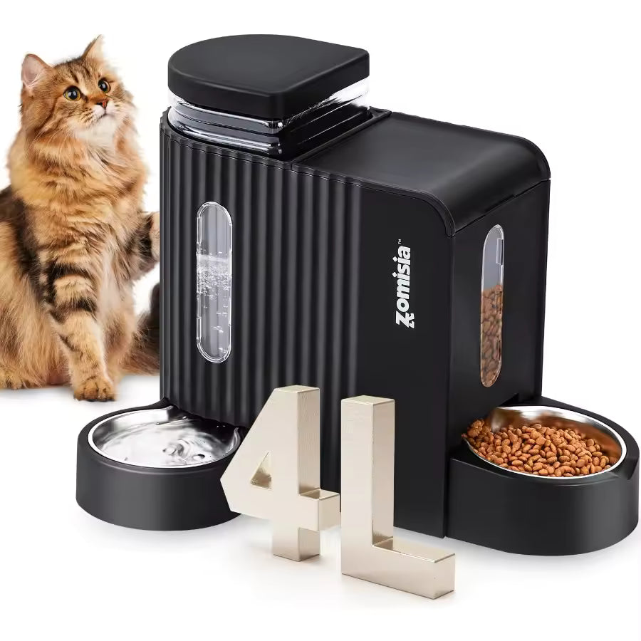 2-in-1 Automatic Cat Feeder & Water Dispenser, 304 Stainless Steel Bowls with 180° Rotatable Water Bowl for Cats and Pets