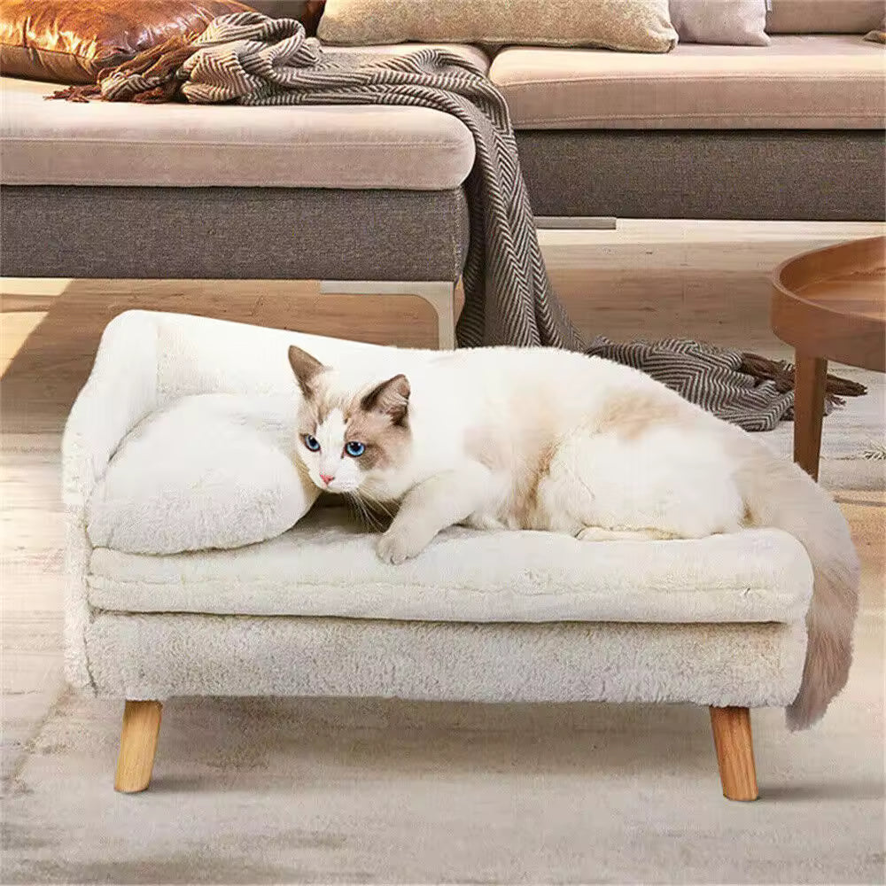 Luxury Elevated Dog Sofa Bed Plush Cushion Pet Lounger with Backrest, Wooden Legs, Comfortable Chair for Small & Medium Dogs and Cats