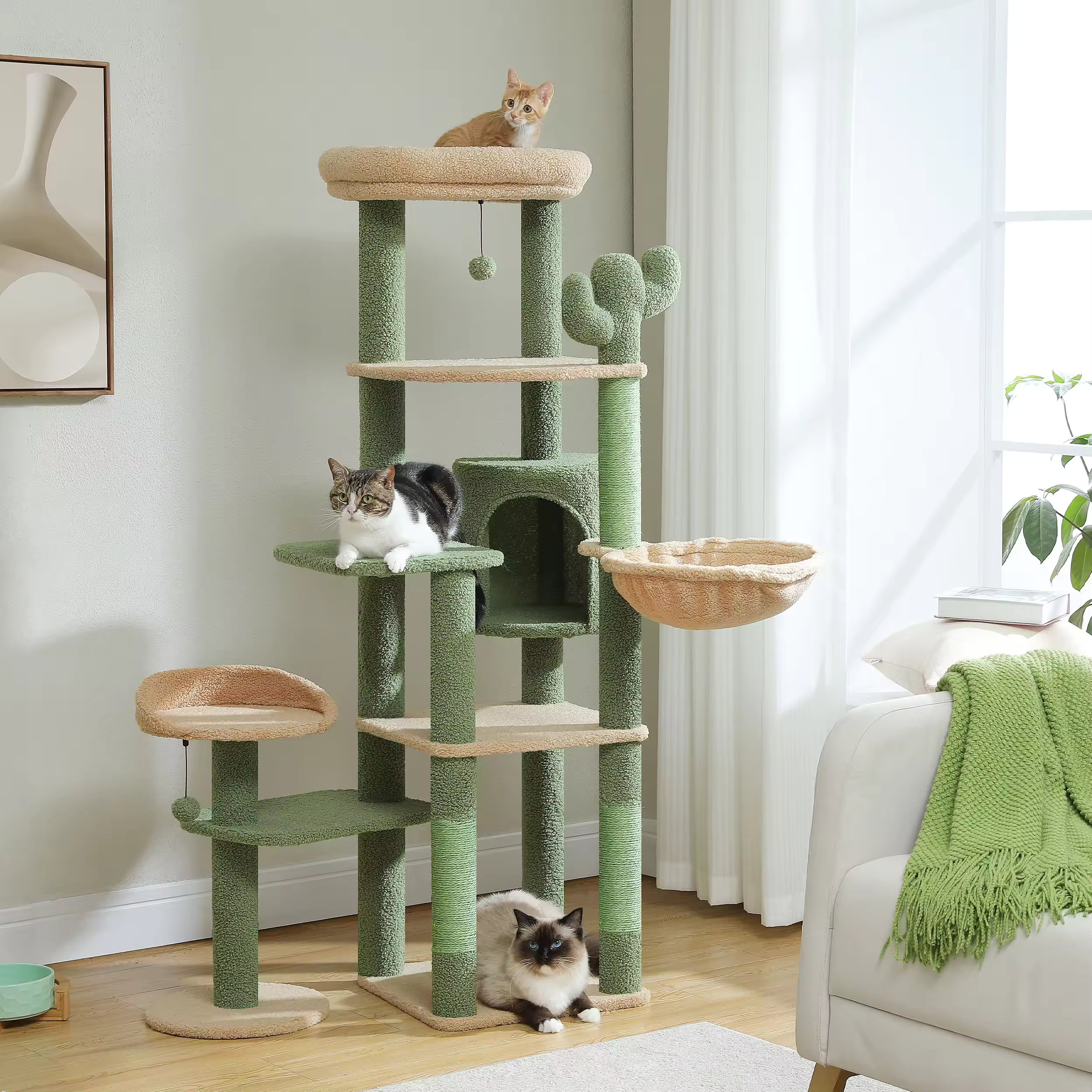 Tall Cactus Cat Tree for Indoor Cats, Multi-Level Cat Tower with Large Hammock, Scratching Post, Condo, 2 Perches for Kittens & Adult Cats