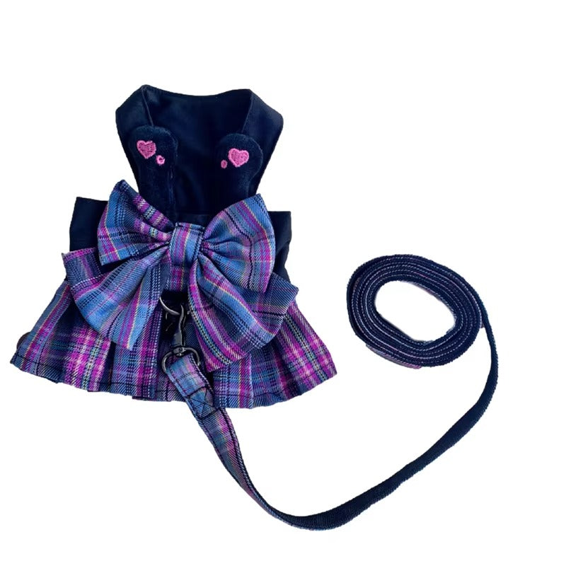 Elegant Purple Bow Dress Harness Set, Comfortable Pet Walking Harness, Perfect for Small Dogs and Fashion Pets