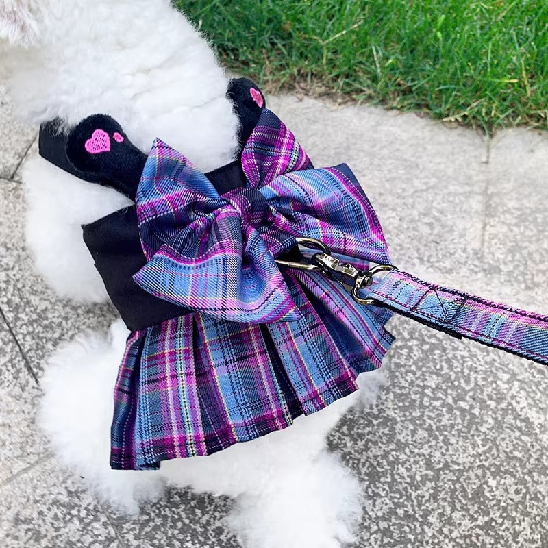 Elegant Purple Bow Dress Harness Set, Comfortable Pet Walking Harness, Perfect for Small Dogs and Fashion Pets