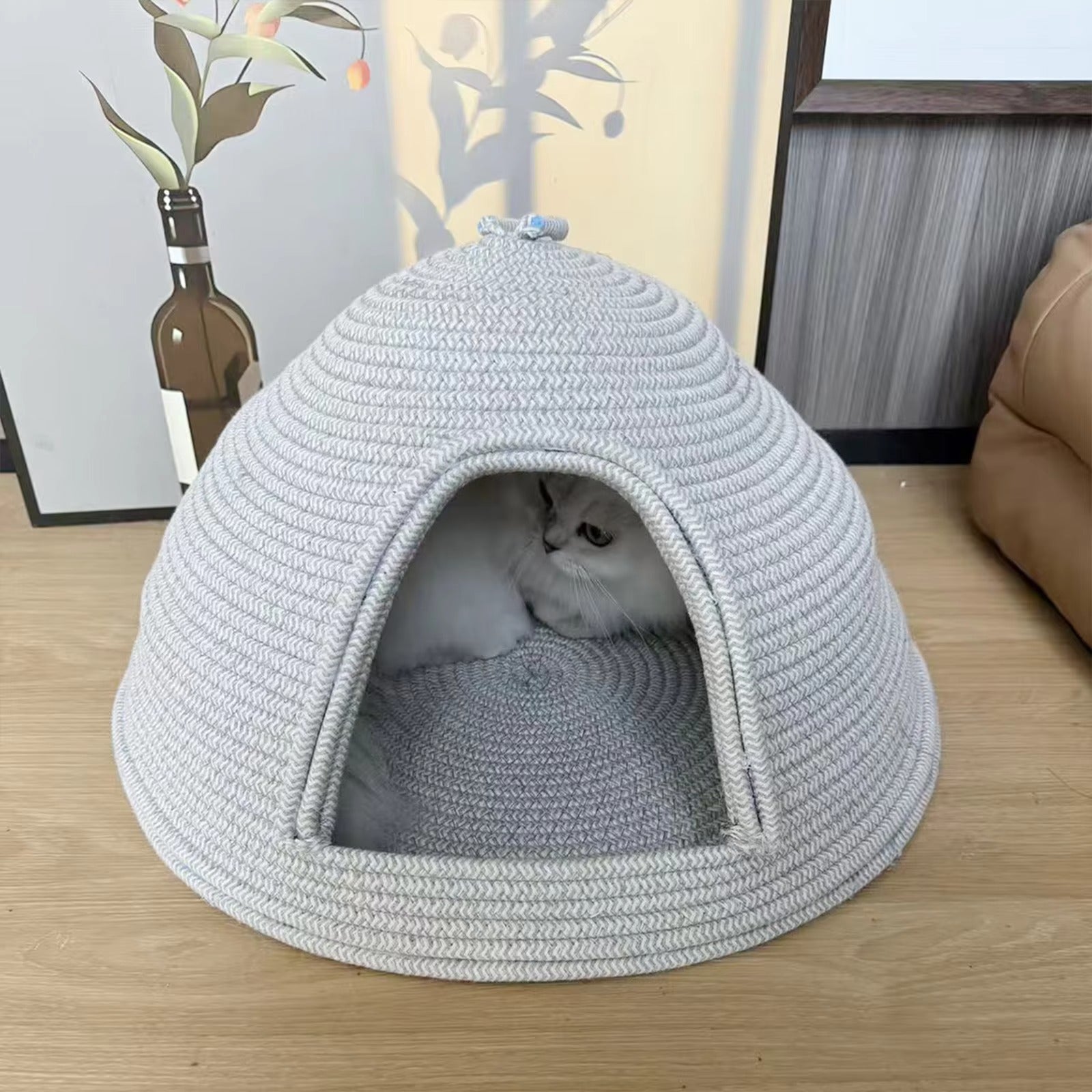 Handwoven Cat Cave Bed with Scratcher, Enclosed Cat Hideout, Soft Indoor Cat Bed, Stylish Pet House for Kittens & Adult Cats