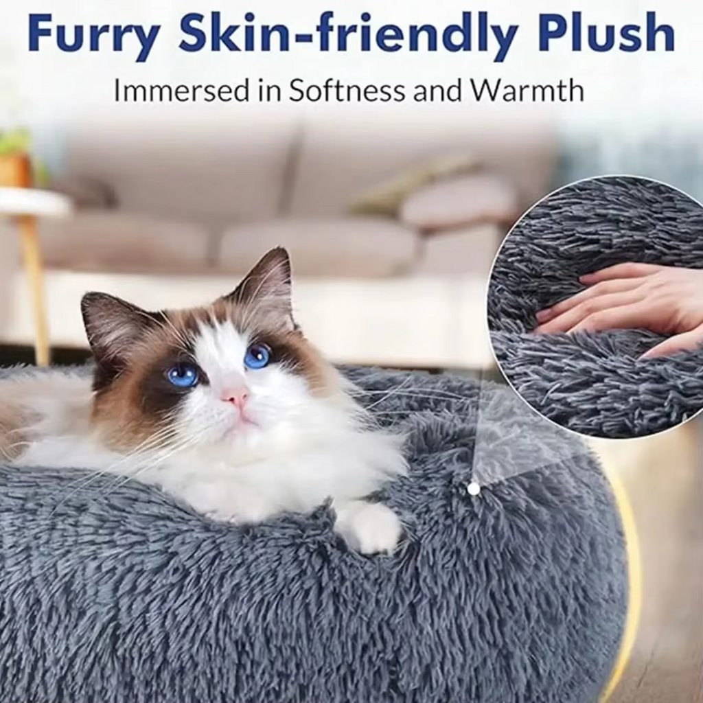 Round Warm Plush Dog Cat Bed Fluffy Donut Calming Pet Bed, Soft Sleeping Nest for Dogs & Cats Washable Pet Cushion