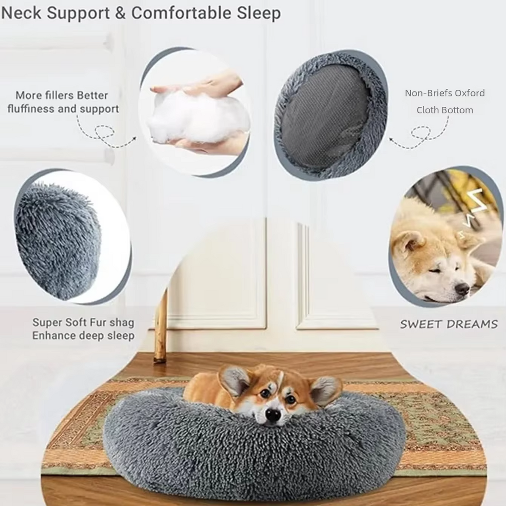 Round Warm Plush Dog Cat Bed Fluffy Donut Calming Pet Bed, Soft Sleeping Nest for Dogs & Cats Washable Pet Cushion
