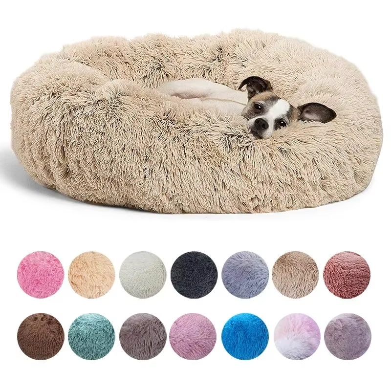 Round Warm Plush Dog Cat Bed Fluffy Donut Calming Pet Bed, Soft Sleeping Nest for Dogs & Cats Washable Pet Cushion