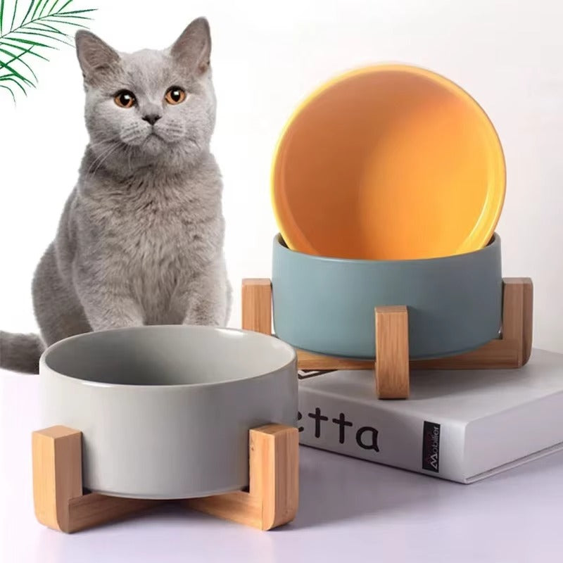 Double Ceramic Bowls with a sleek wooden stand
