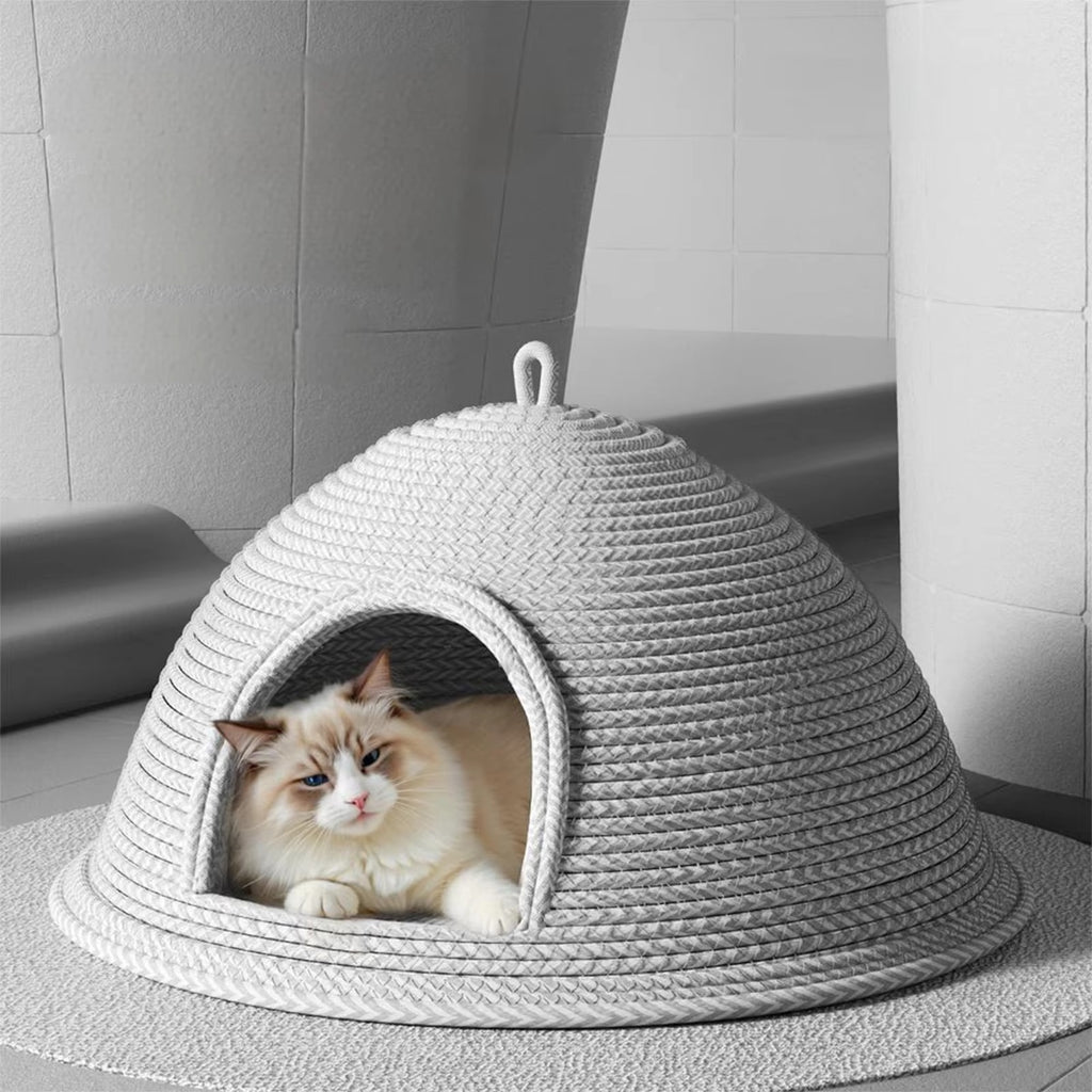 Handwoven Cat Cave Bed with Scratcher, Enclosed Cat Hideout, Soft Indoor Cat Bed, Stylish Pet House for Kittens & Adult Cats