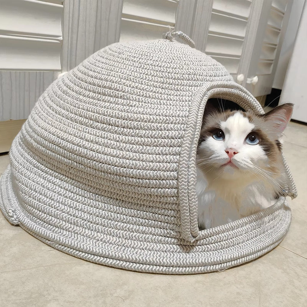 Handwoven Cat Cave Bed with Scratcher, Enclosed Cat Hideout, Soft Indoor Cat Bed, Stylish Pet House for Kittens & Adult Cats