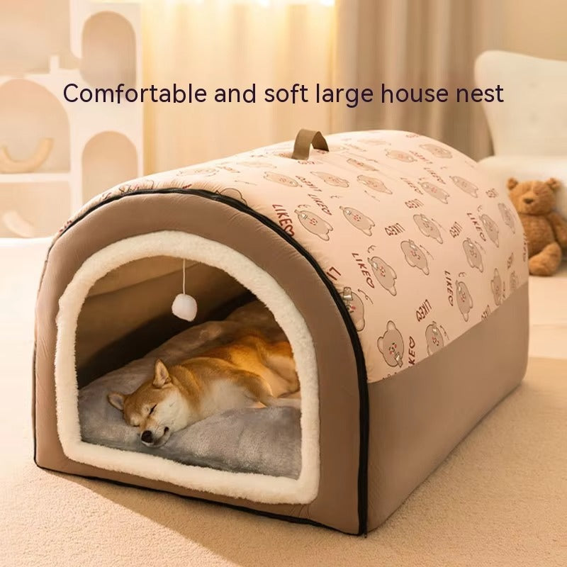 Winter Warm House Bed for Big Dogs, Cozy Plush Heated Pet Shelter for Cold Weather