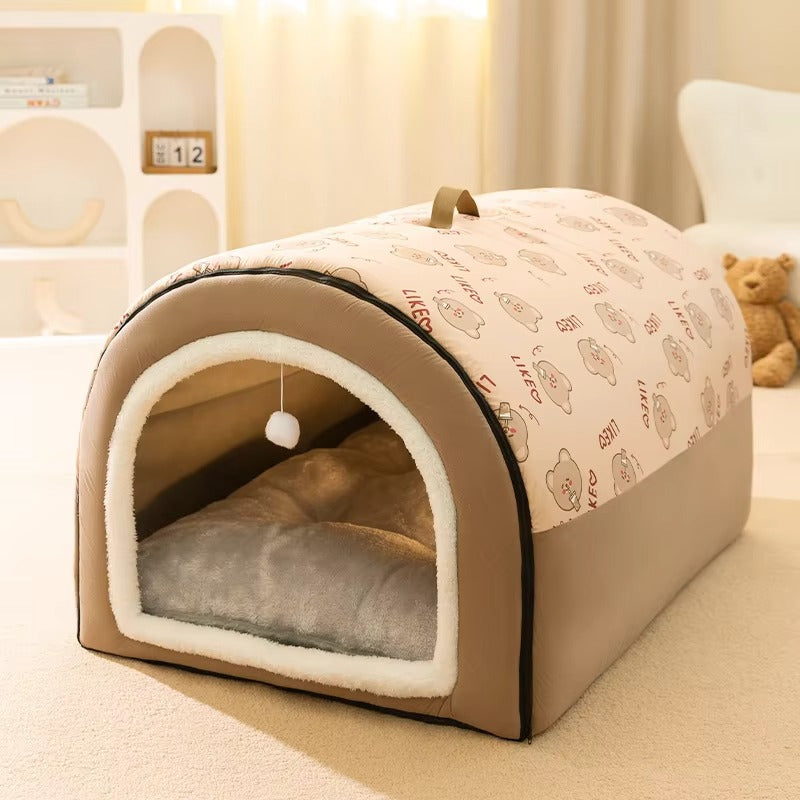 Winter Warm House Bed for Big Dogs, Cozy Plush Heated Pet Shelter for Cold Weather